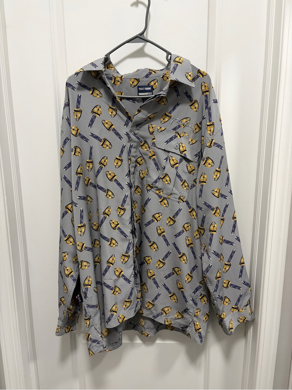 Phat Farm Men's Gray chainsaw Collar Long Sleeve Button-Up Shirt XL